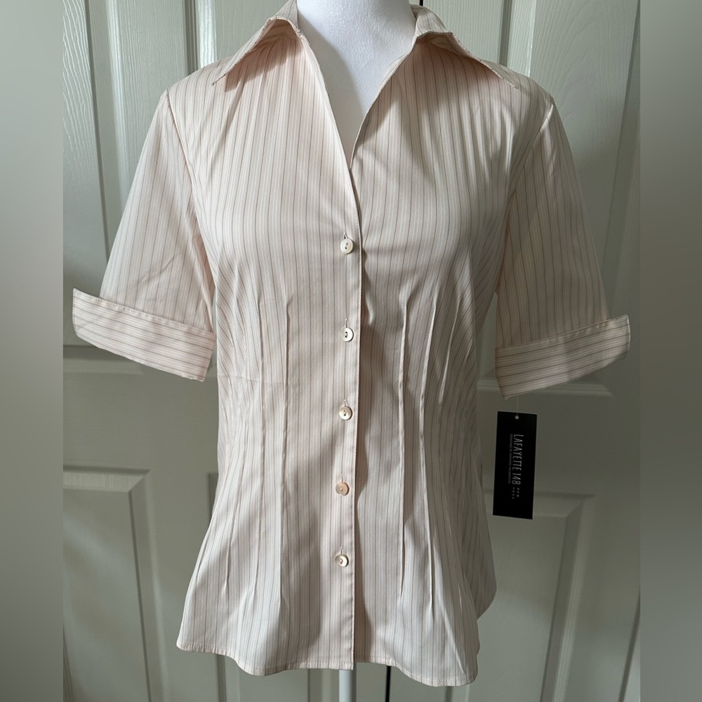 NWT Lafayette 148, pin-tuck blouse, cuffed sleeves, blush pin stripes, size 4